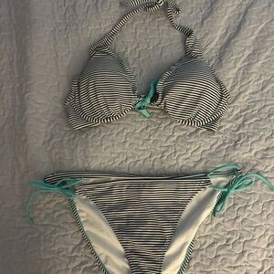 Victoria Secret Striped Bikini Set with Teal Accents Top is 36 C Bottoms are LG